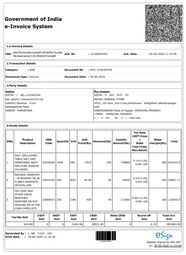 Format of sample e-invoice